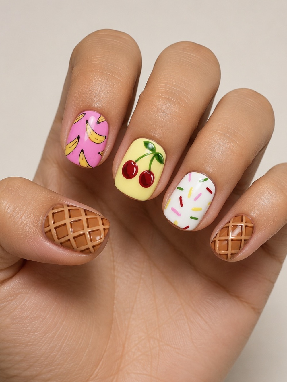 Sweet Treats Press-On Nails | Cherry Banana Sprinkle Waffle Design Short Square